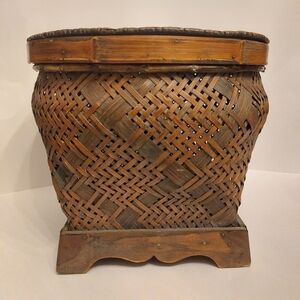 Vintage 13" D x 11" H Chinese Woven Rattan Covered Basket in Excellent Condition